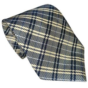 Breuer Mens Tie Hand Made in France 100% Silk Blue Yellow Plaid Necktie 61x3.75”
